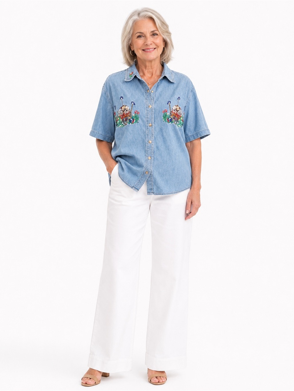 Cotton Vintage Embroidered Cat Denim Button Front Shirt